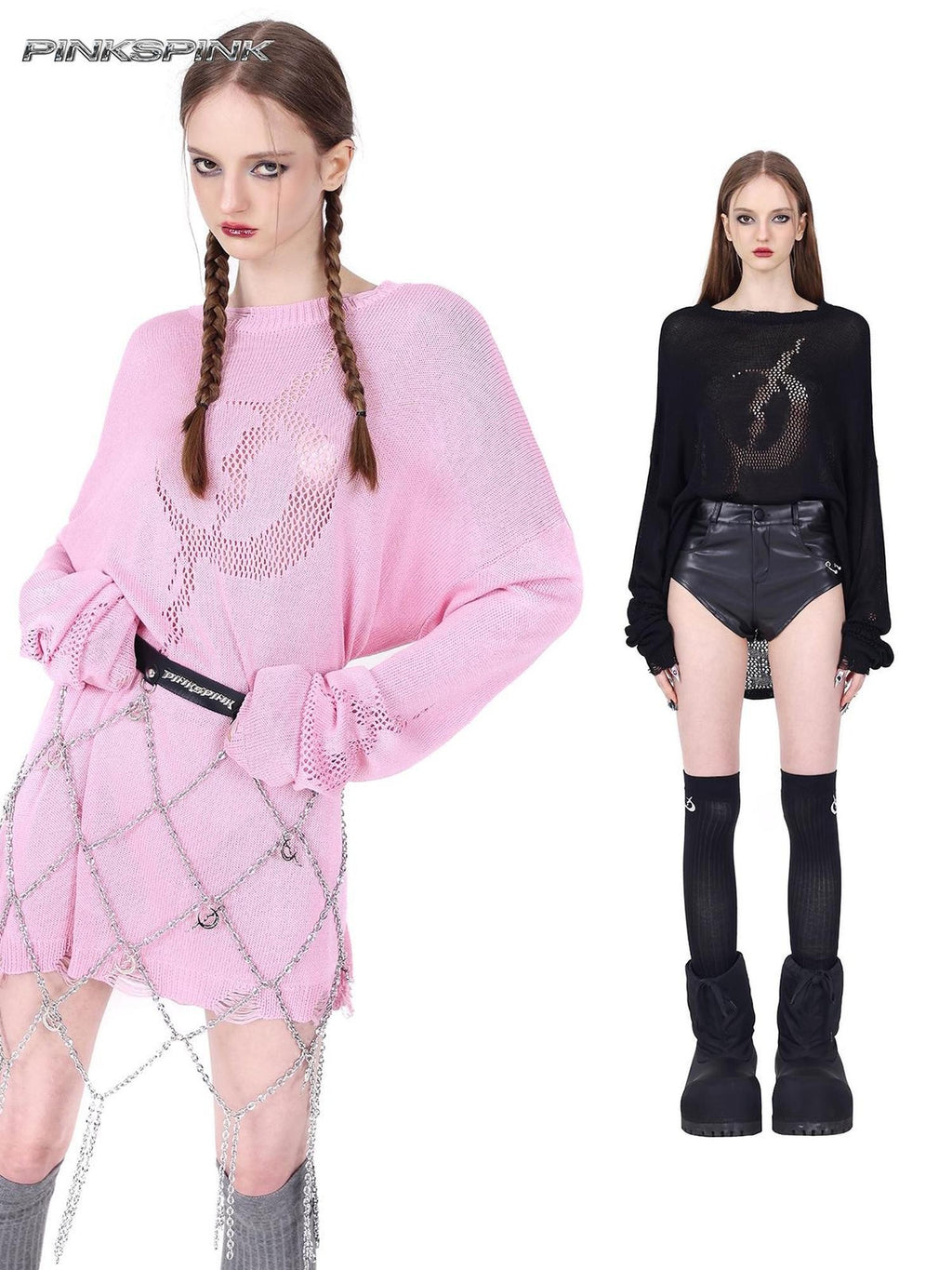 PINKSPINK Hollow Out Distressed Punk Loose Lightweight Acrylic Blend Women's Sweaters
