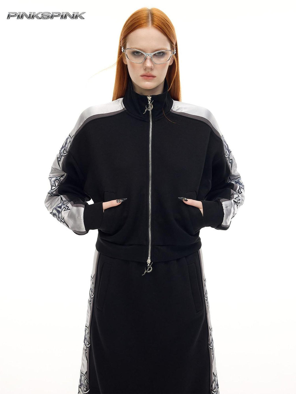 PINKSPINK Holographic High Neck Zip Slim Cropped Women's Polyester Blend Casual Jackets