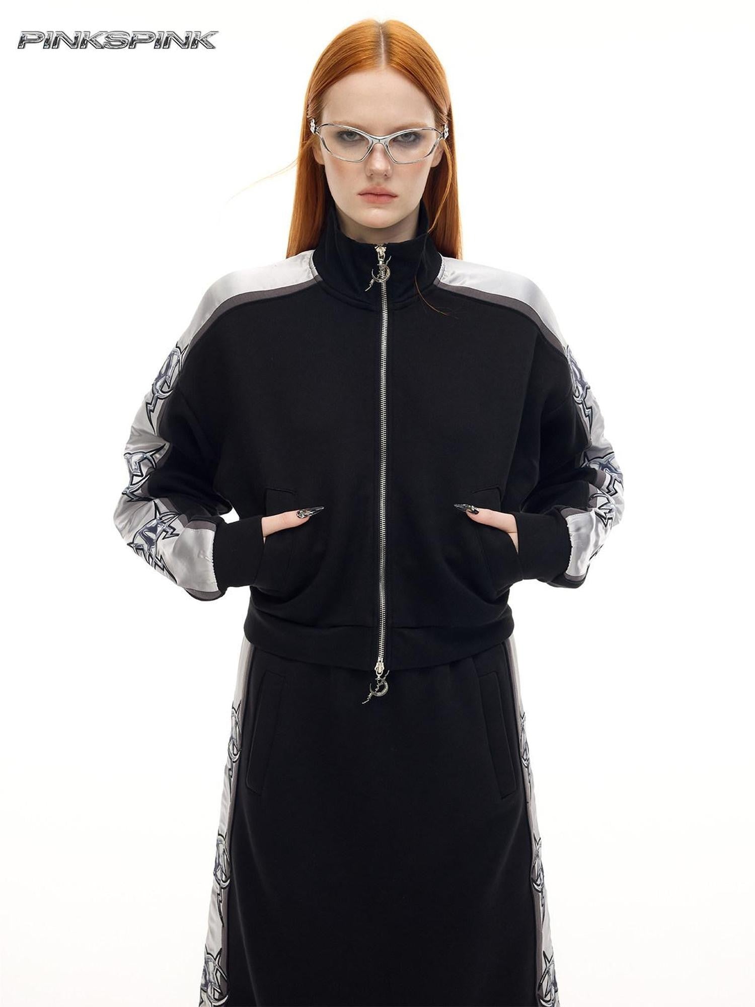 PINKSPINK Holographic High Neck Zip Slim Cropped Women's Polyester Blend Casual Jackets