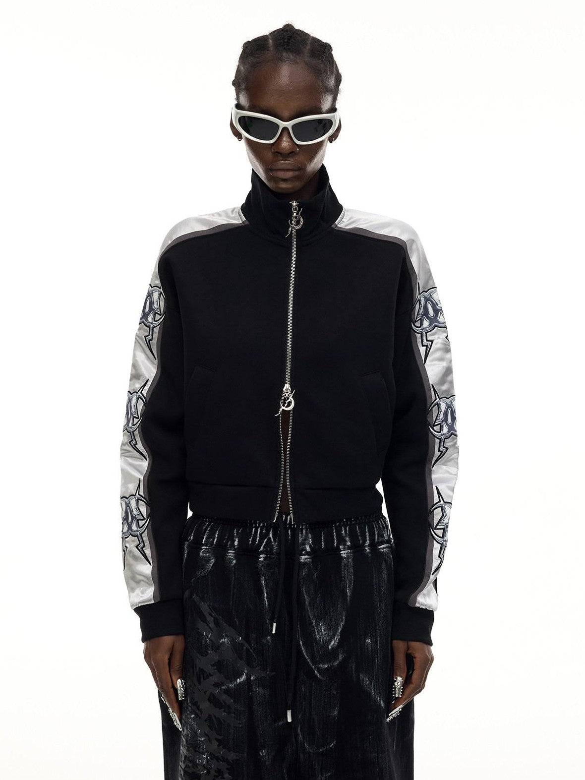PINKSPINK Holographic Mirror High Neck Zipper Cropped Slim Women's Cotton Casual Jackets
