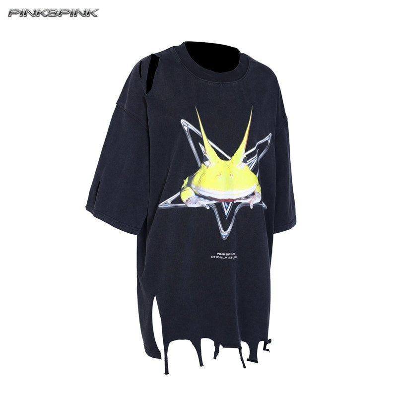 PINKSPINK_Horned_Frog_Punk_Print_Distressed_Irregular_Holes_Women's_Oversized_T-shirts_928500660052_MISSTT