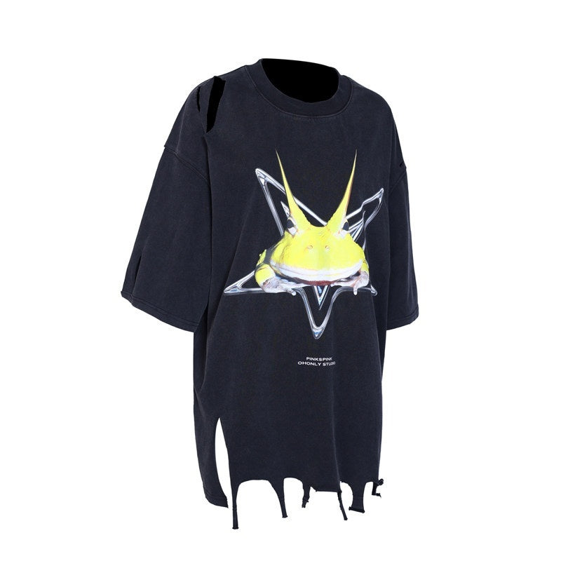 PINKSPINK_Horned_Frog_Punk_Print_Distressed_Irregular_Holes_Women's_Oversized_T-shirts_928500660052_MISSTT