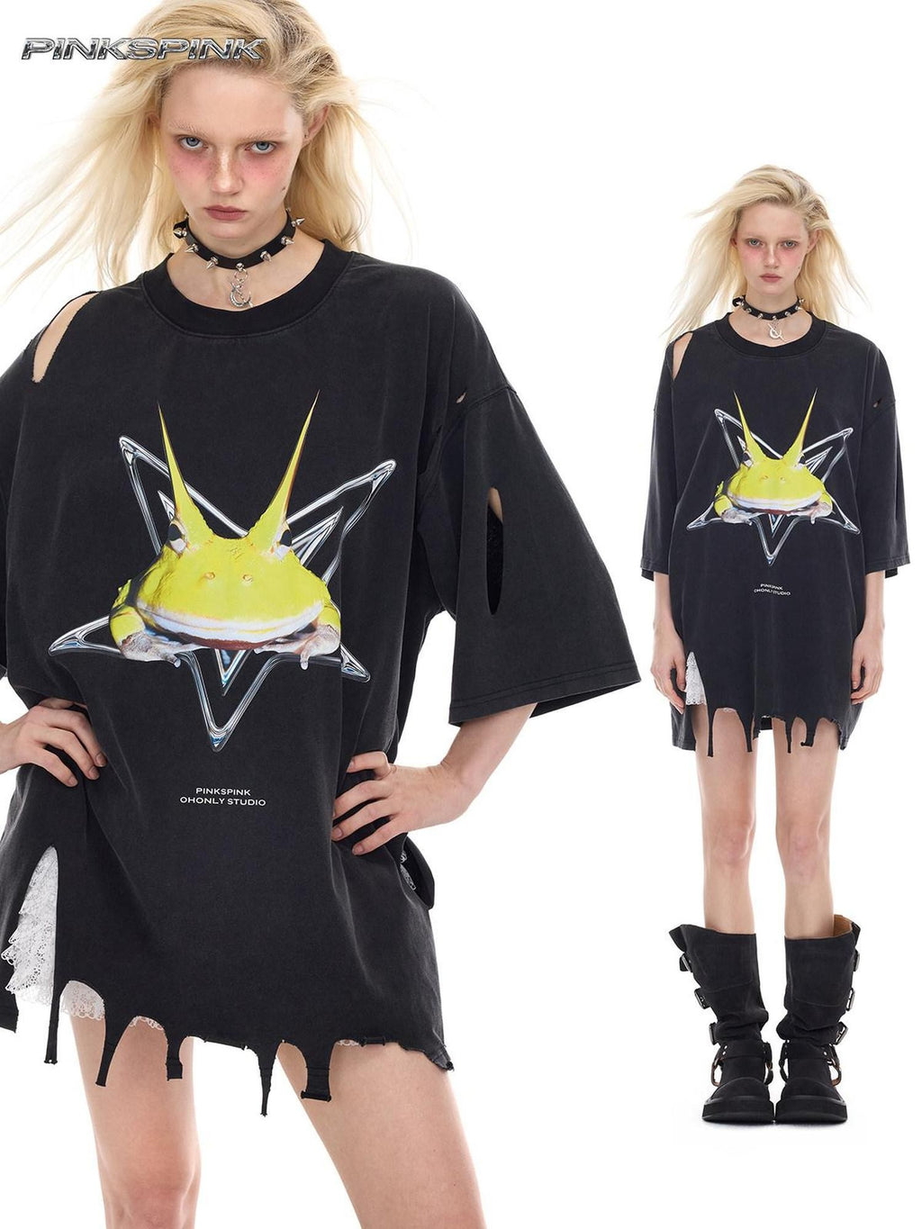 PINKSPINK Horned Frog Punk Print Distressed Irregular Holes Women's Oversized T-shirts