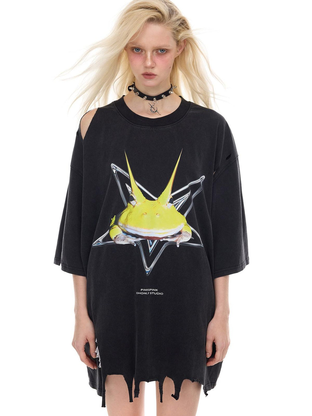 PINKSPINK Horned Frog Punk Print Distressed Irregular Holes Women's Oversized T-shirts