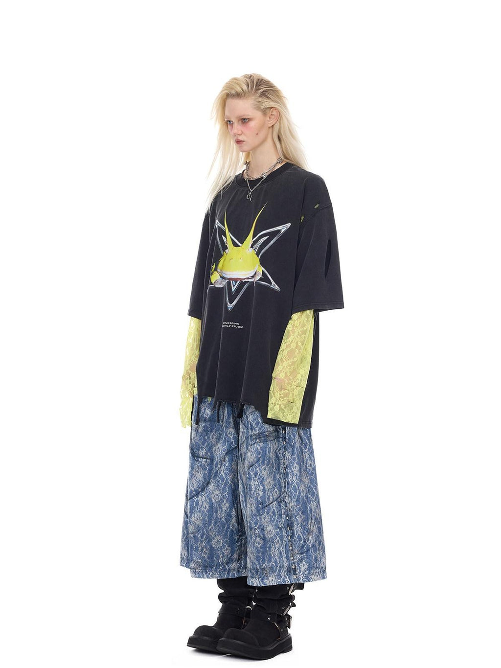 PINKSPINK Horned Frog Punk Print Distressed Irregular Holes Women's Oversized T-shirts