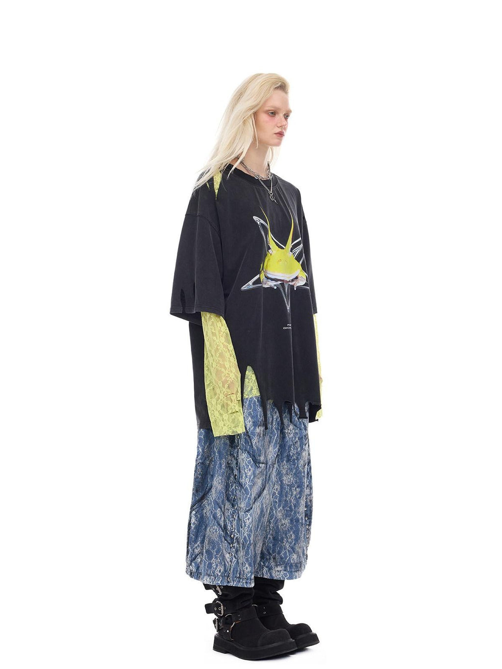 PINKSPINK Horned Frog Punk Print Distressed Irregular Holes Women's Oversized T-shirts