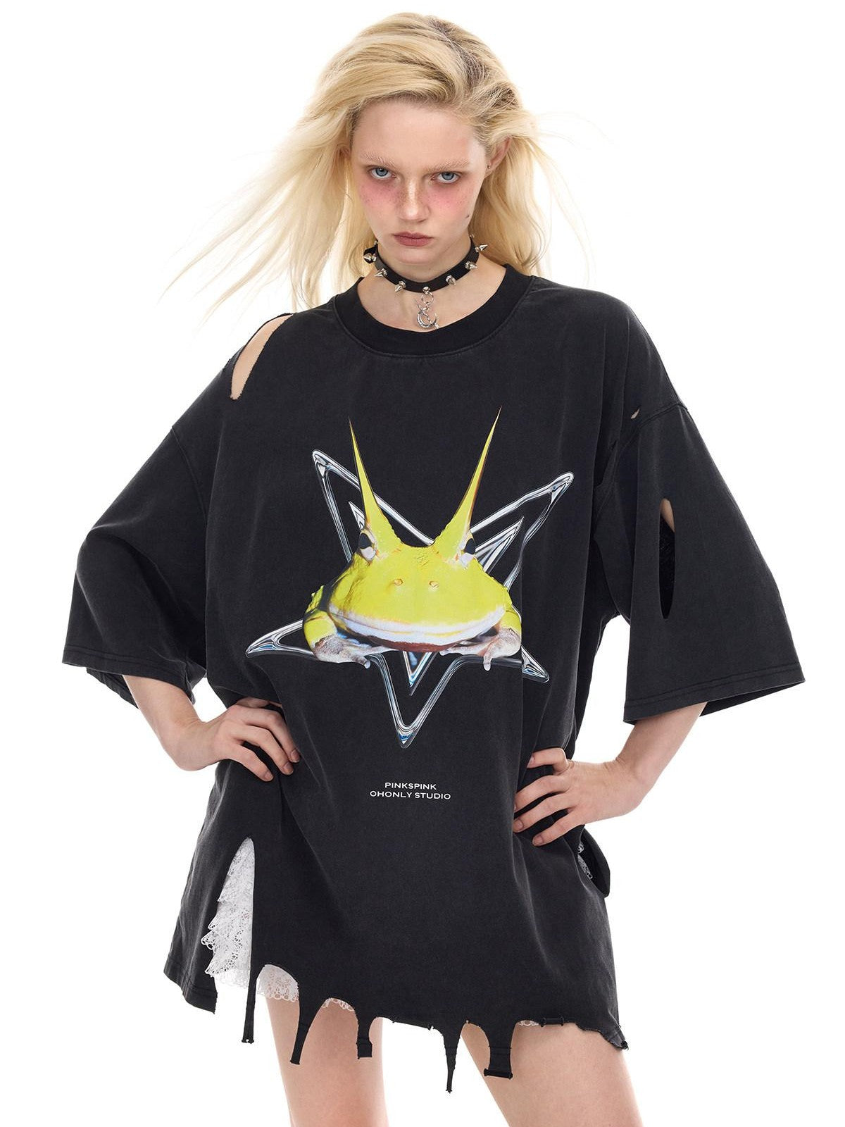 PINKSPINK Horned Frog Punk Print Distressed Irregular Holes Women's Oversized T-shirts
