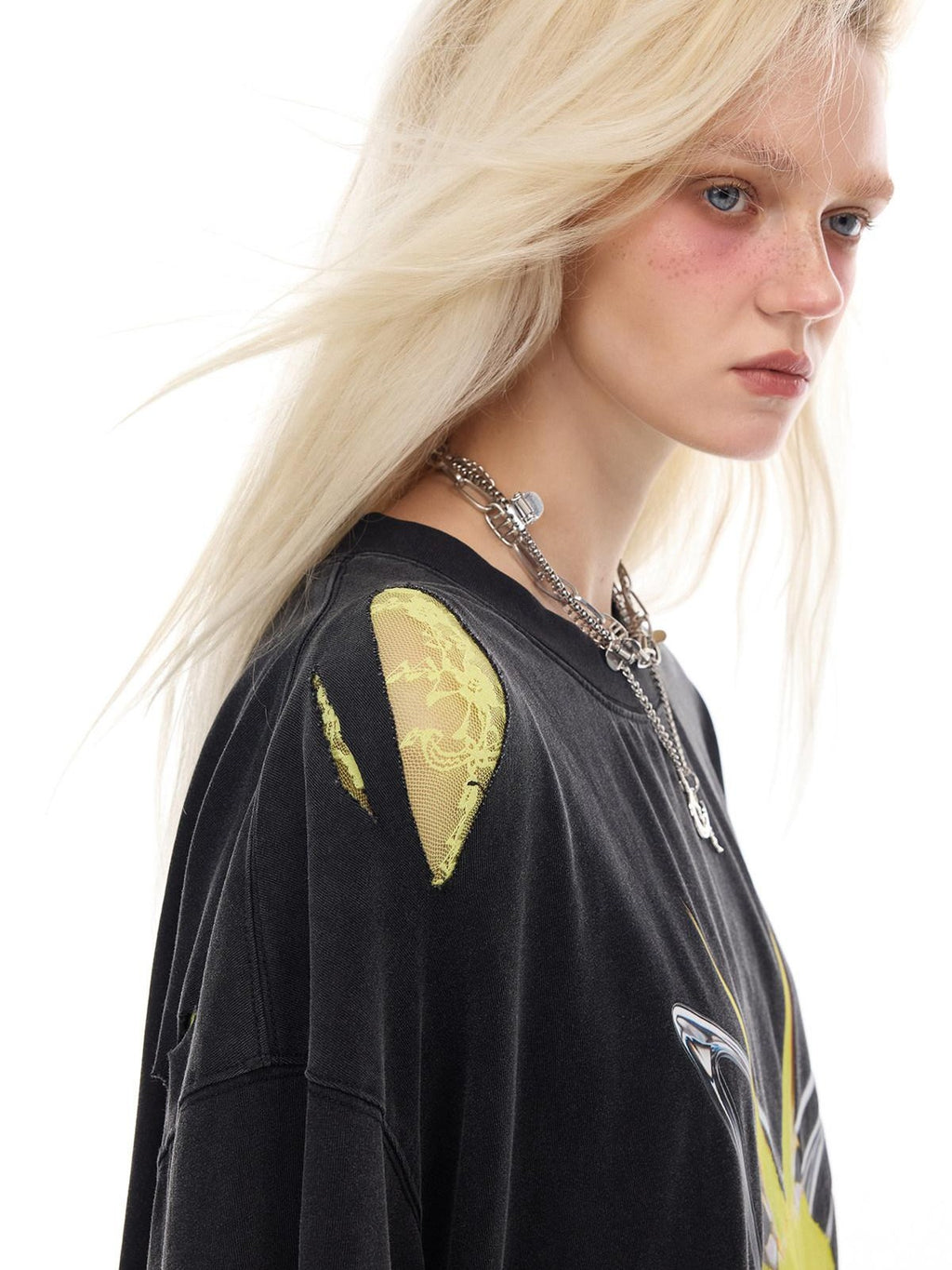 PINKSPINK Horned Frog Punk Print Distressed Irregular Holes Women's Oversized T-shirts