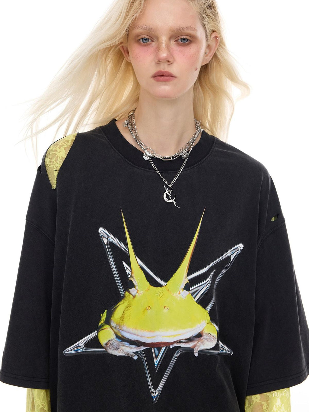 PINKSPINK Horned Frog Punk Print Distressed Irregular Holes Women's Oversized T-shirts