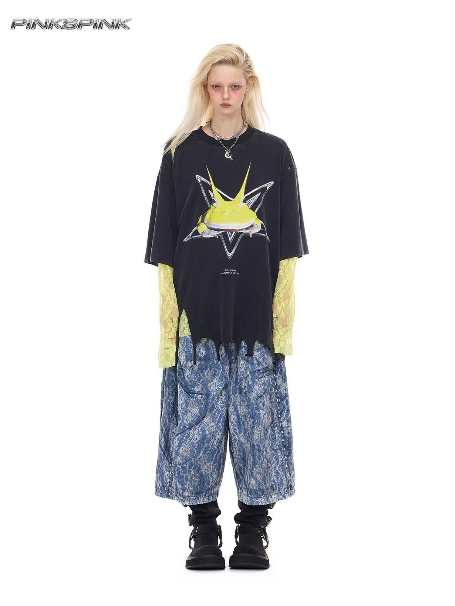 PINKSPINK Horned Frog Punk Print Distressed Irregular Holes Women's Oversized T-shirts