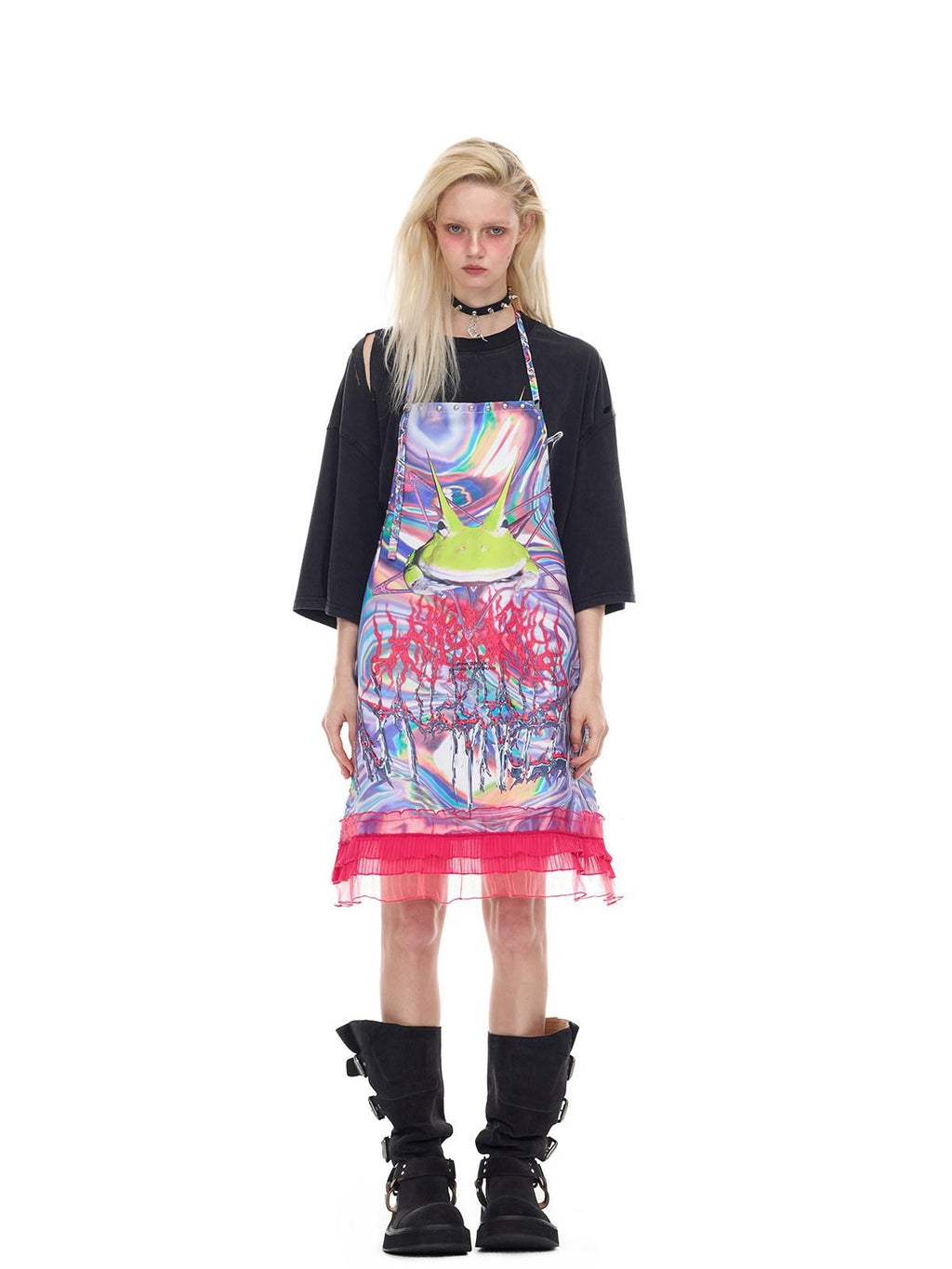 PINKSPINK Horned Frog Punk Print Distressed Irregular Holes Women's Oversized T-shirts
