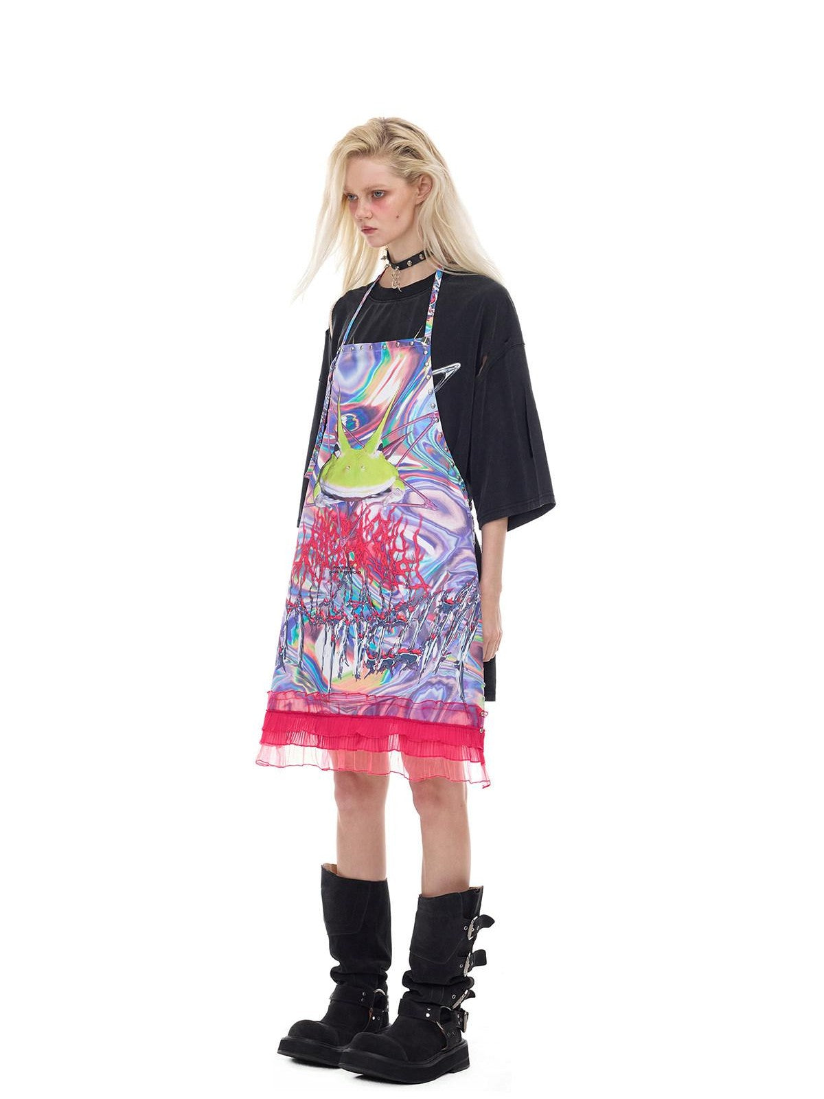 PINKSPINK Horned Frog Punk Print Distressed Irregular Holes Women's Oversized T-shirts