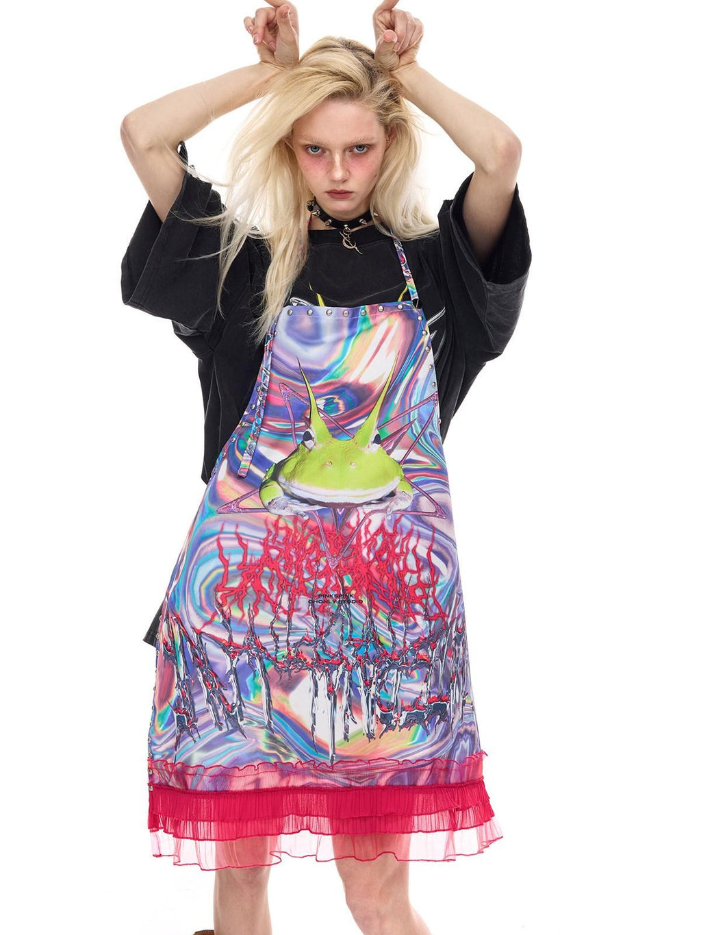 PINKSPINK Horned Frog Punk Print Distressed Irregular Holes Women's Oversized T-shirts