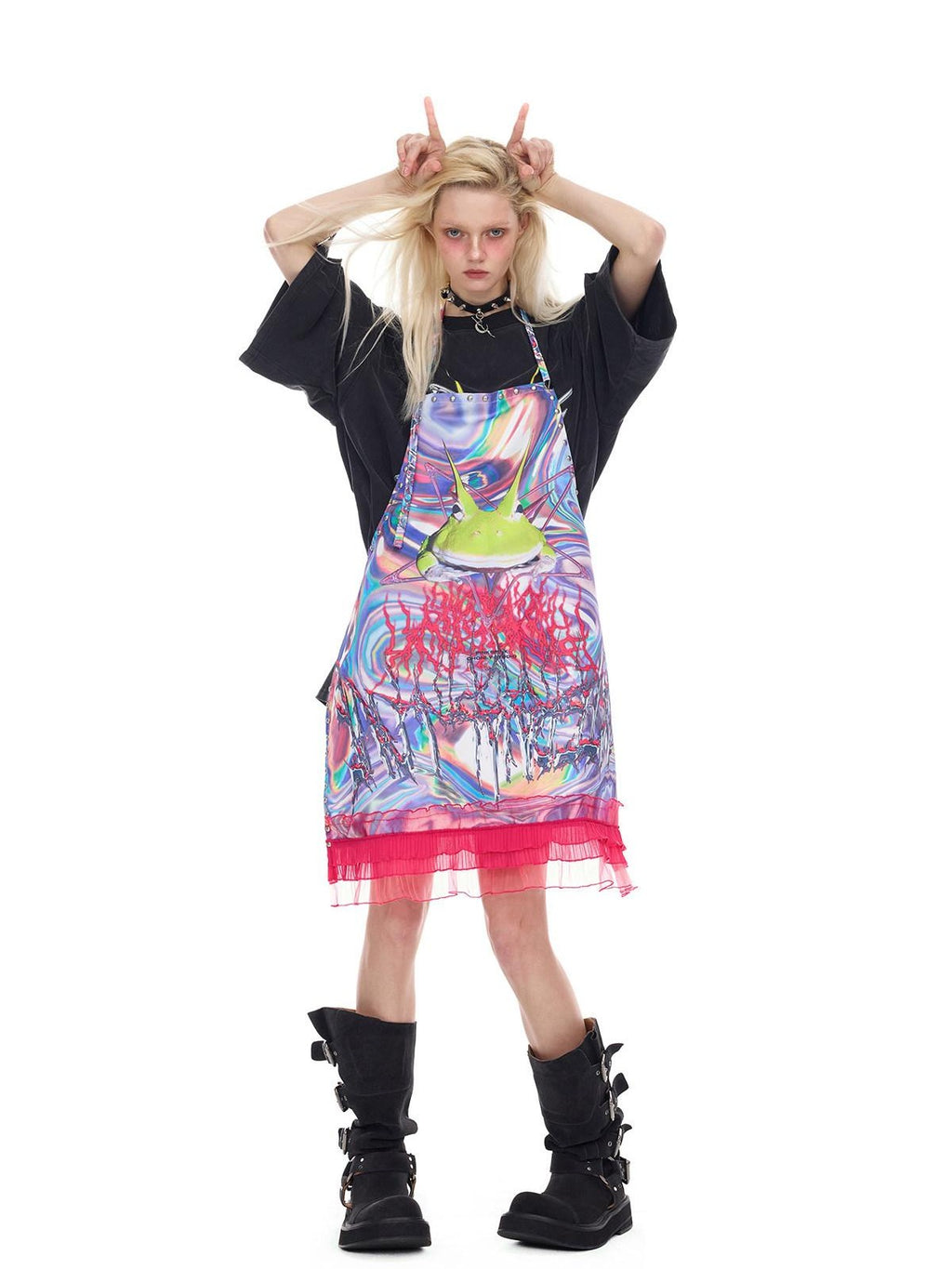 PINKSPINK Horned Frog Punk Print Distressed Irregular Holes Women's Oversized T-shirts