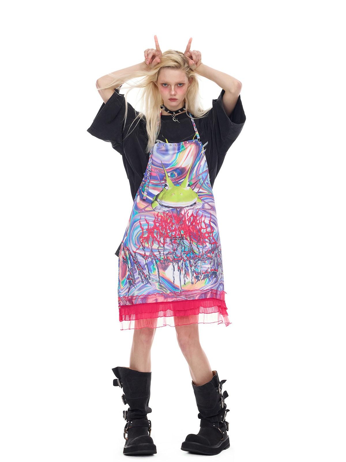 PINKSPINK Horned Frog Punk Print Distressed Irregular Holes Women's Oversized T-shirts