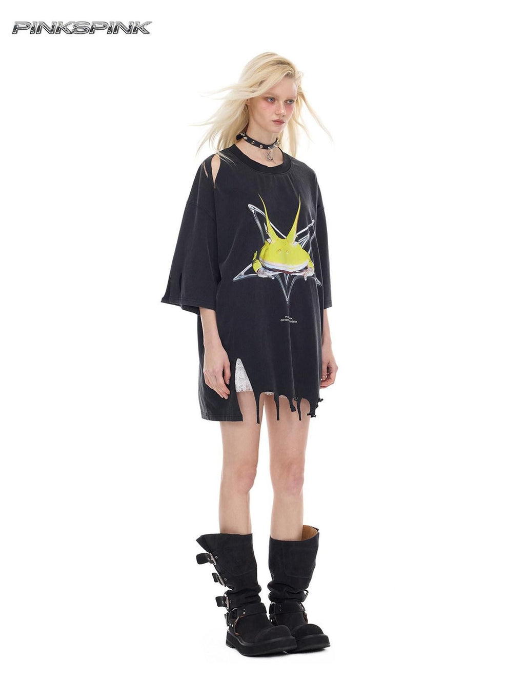 PINKSPINK Horned Frog Punk Print Distressed Irregular Holes Women's Oversized T-shirts