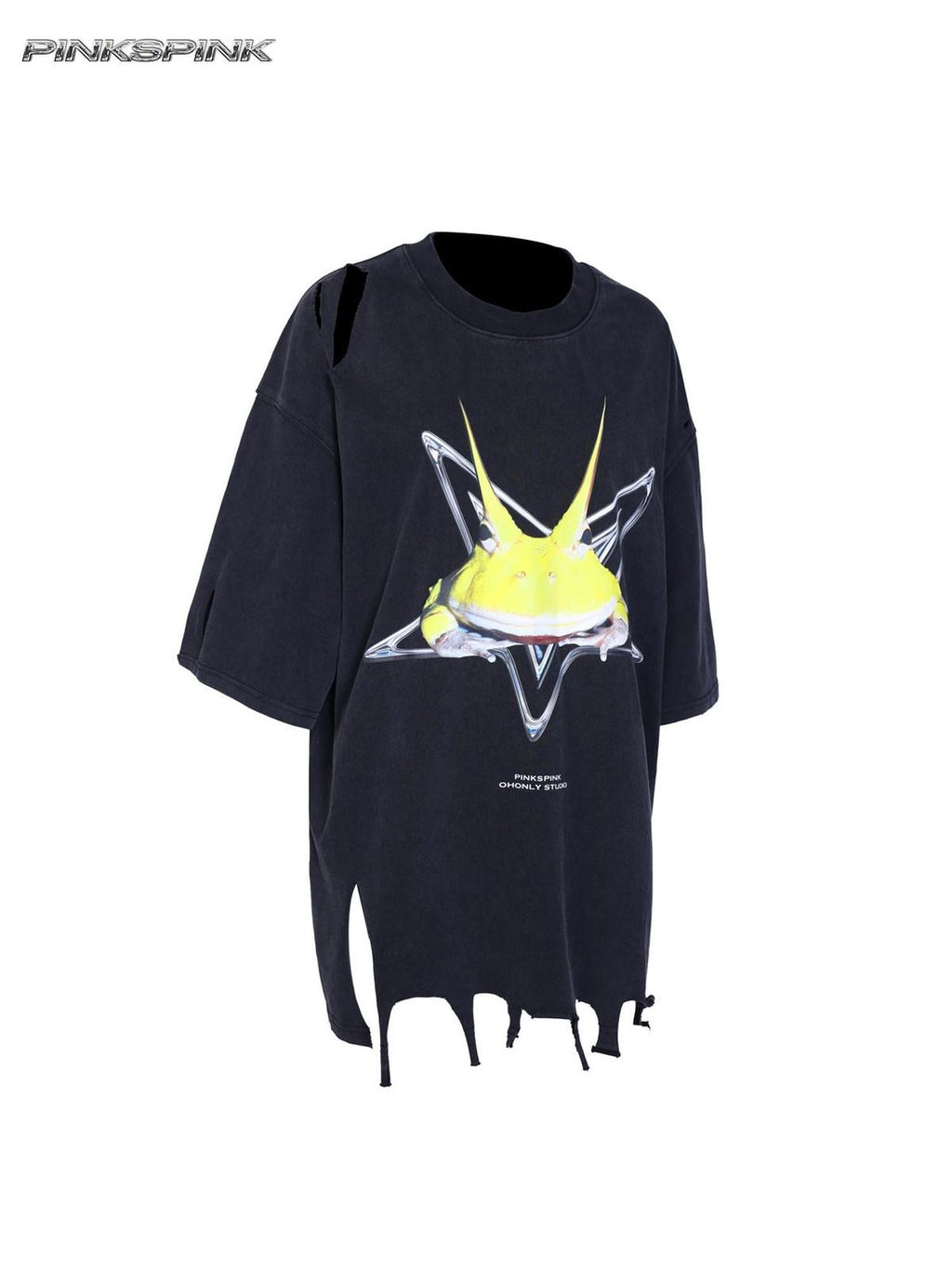 PINKSPINK Horned Frog Punk Print Distressed Irregular Holes Women's Oversized T-shirts