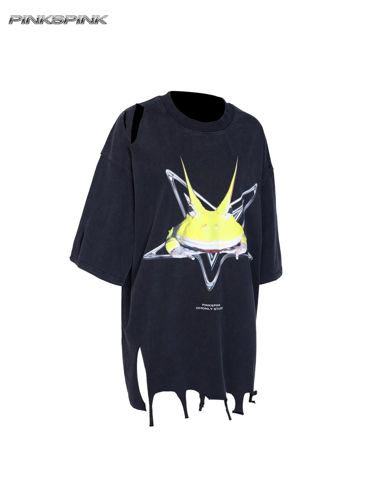 PINKSPINK Horned Frog Punk Print Distressed Irregular Holes Women's Oversized T-shirts