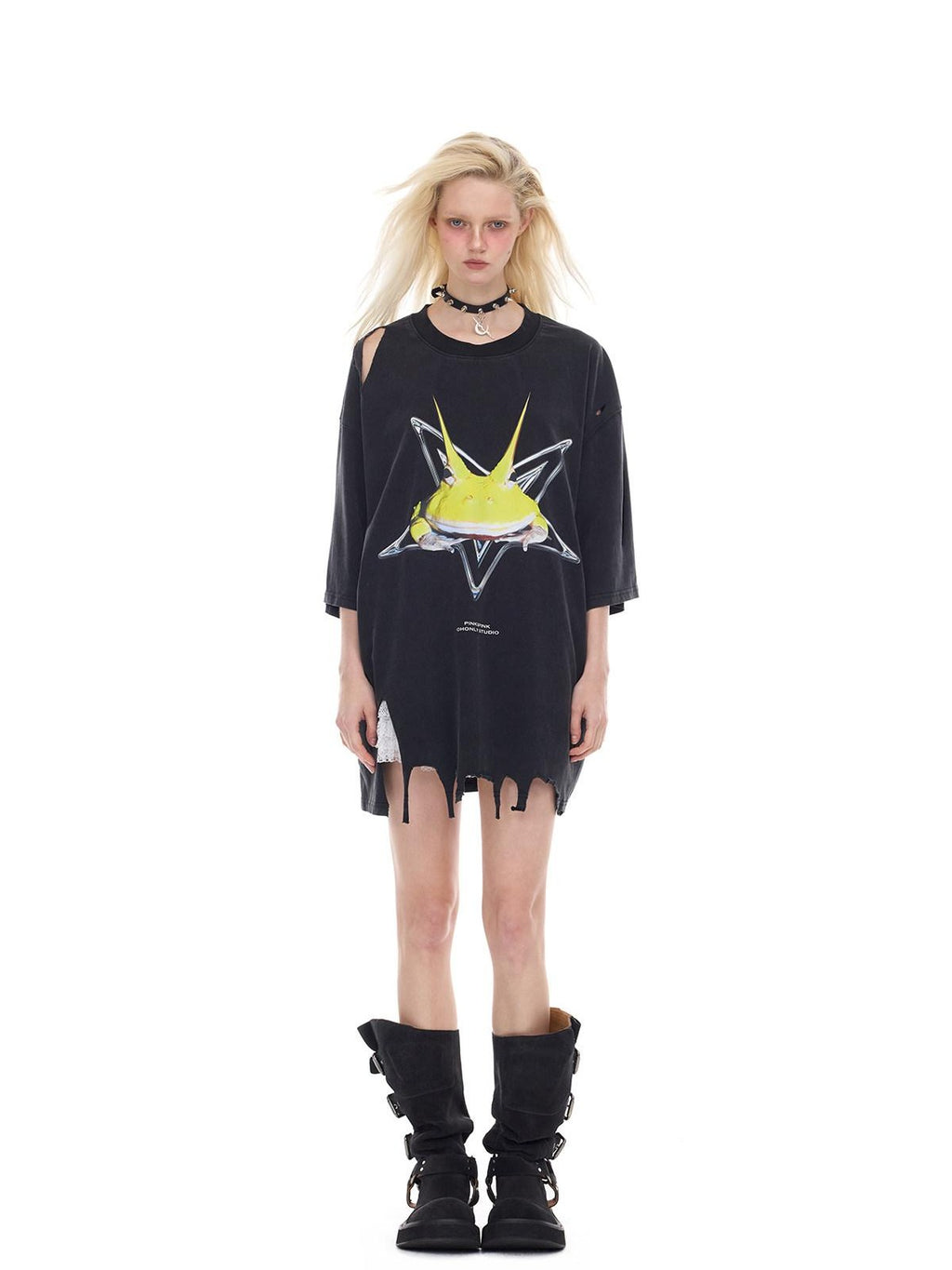 PINKSPINK Horned Frog Punk Print Distressed Irregular Holes Women's Oversized T-shirts