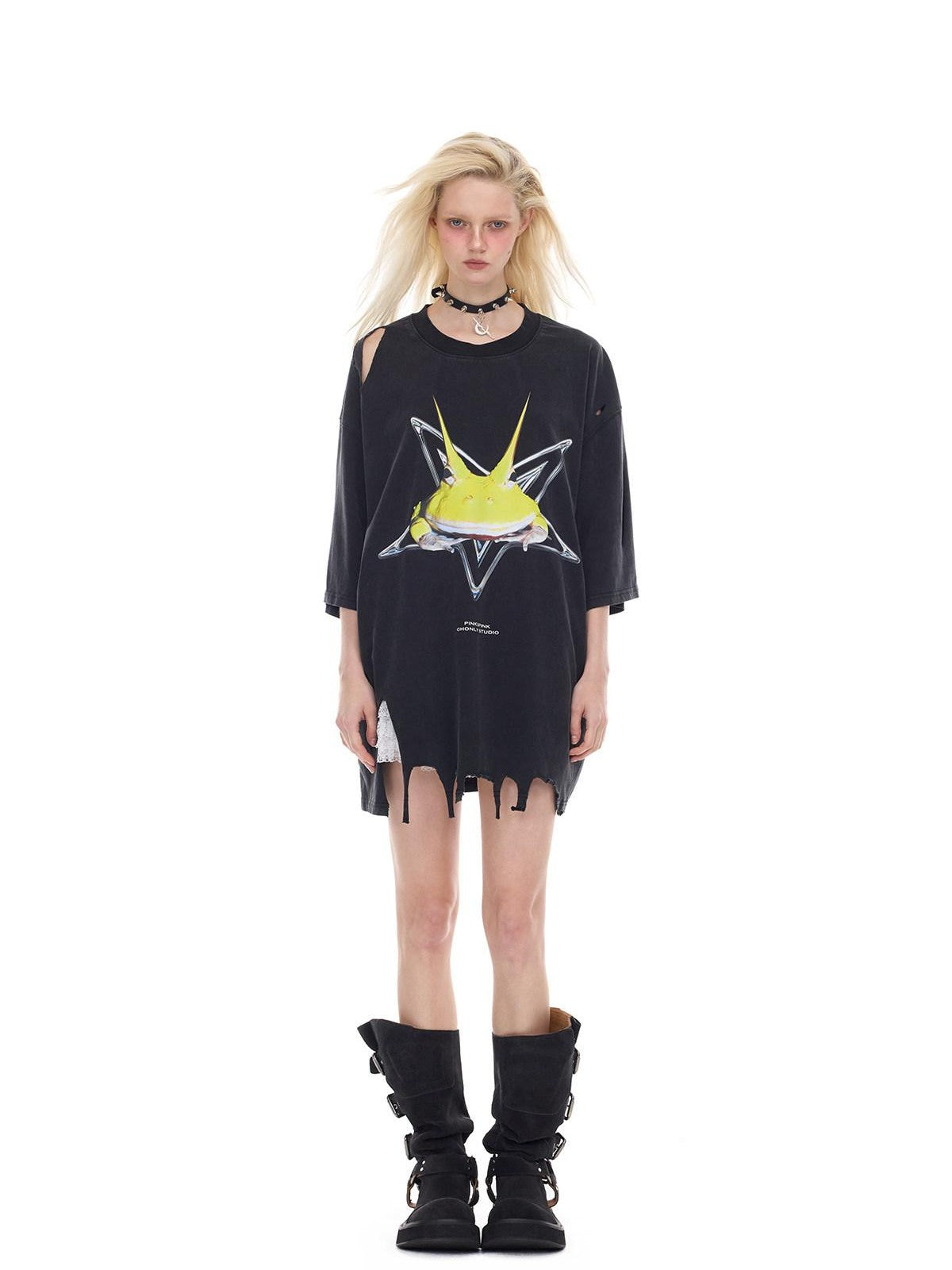 PINKSPINK Horned Frog Punk Print Distressed Irregular Holes Women's Oversized T-shirts
