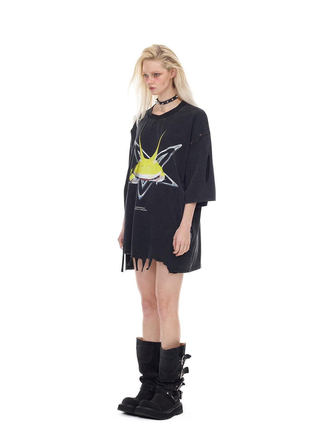 PINKSPINK Horned Frog Punk Print Distressed Irregular Holes Women's Oversized T-shirts