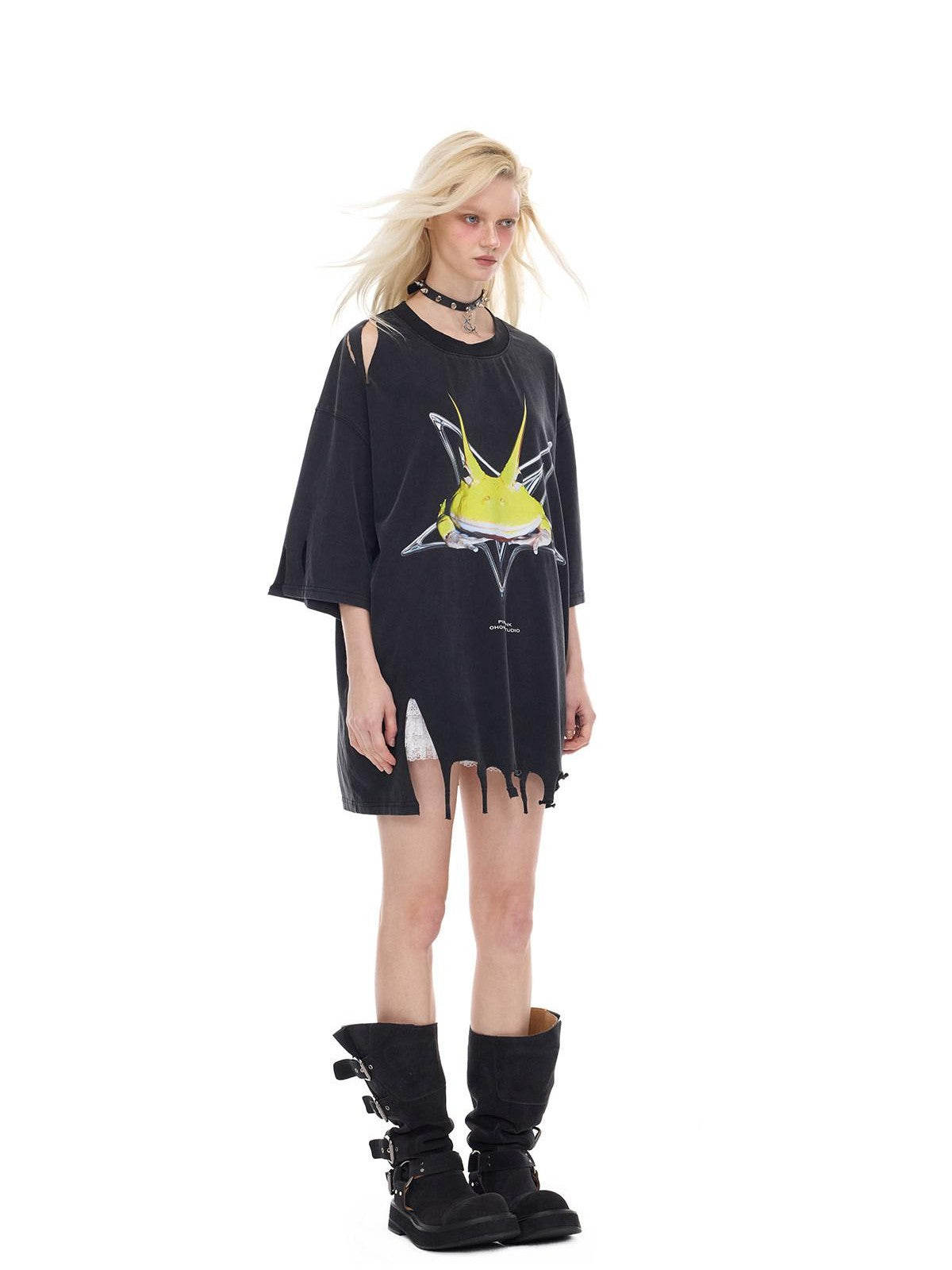 PINKSPINK Horned Frog Punk Print Distressed Irregular Holes Women's Oversized T-shirts