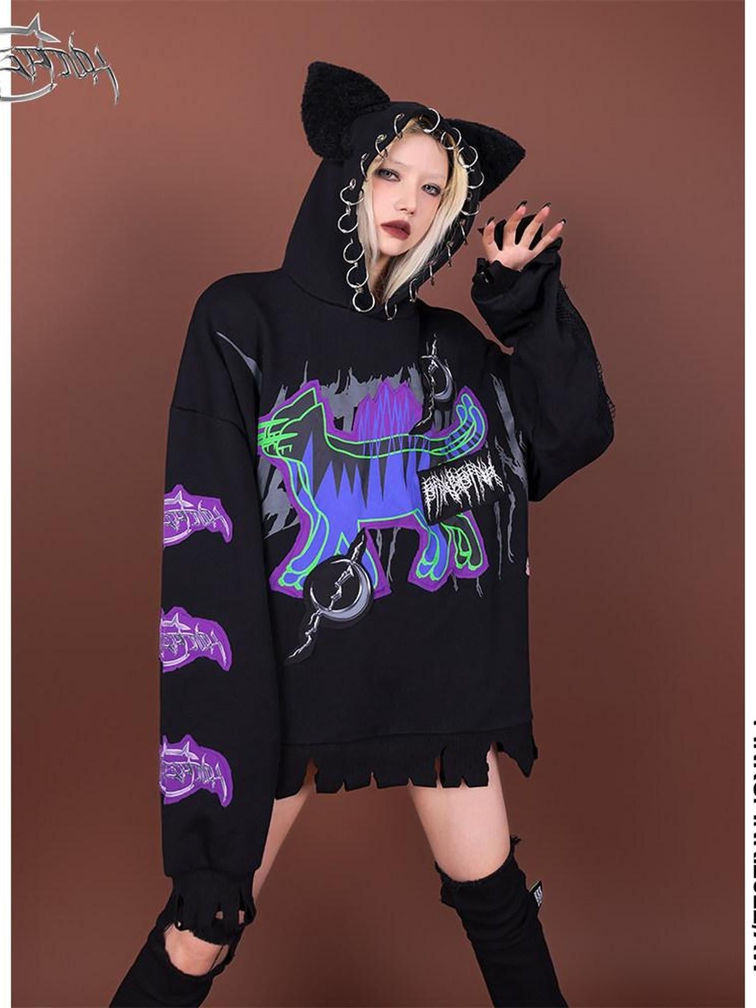 PINKSPINK Horror Cat Patch Embroidered Ring Ear Distressed Women's Cotton Hoodies