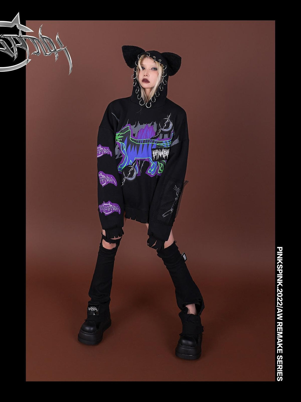 PINKSPINK Horror Cat Patch Embroidered Ring Ear Distressed Women's Cotton Hoodies