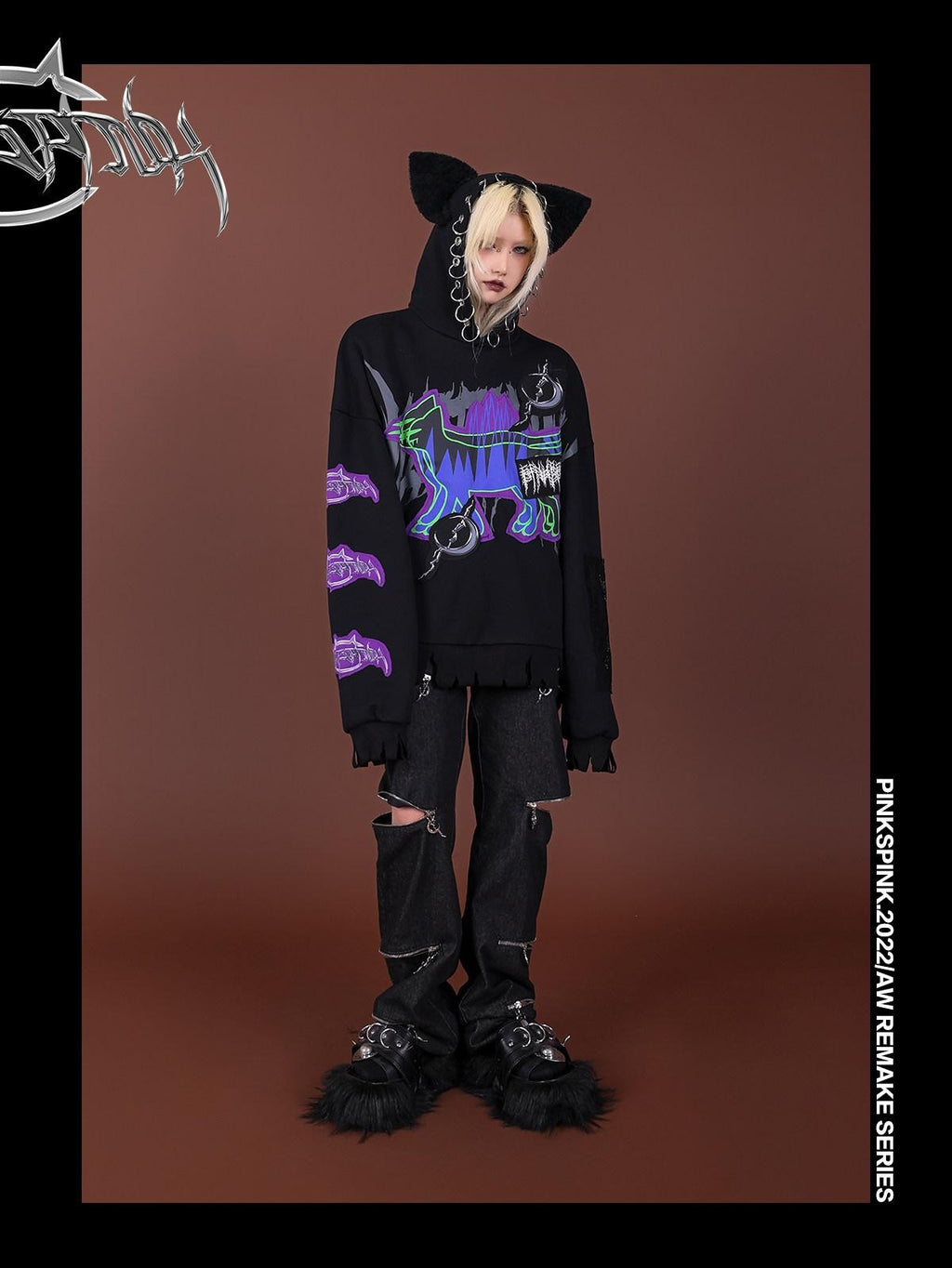 PINKSPINK Horror Cat Patch Embroidered Ring Ear Distressed Women's Cotton Hoodies