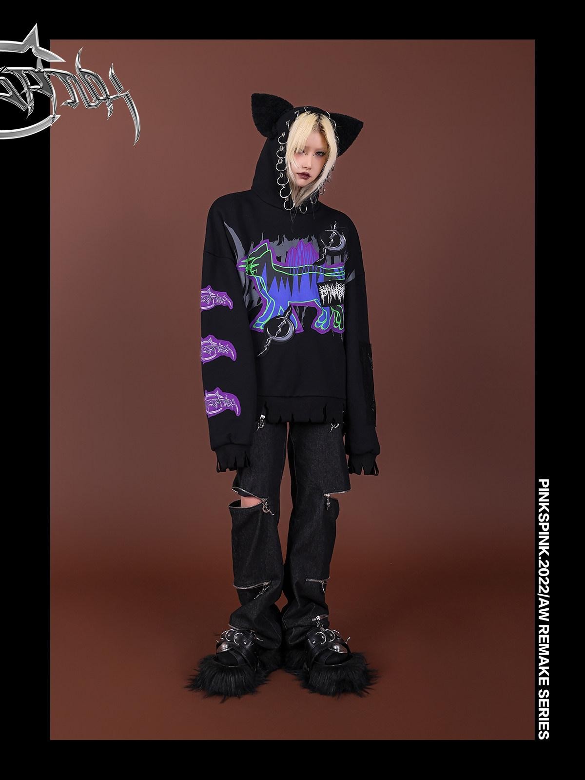 PINKSPINK Horror Cat Patch Embroidered Ring Ear Distressed Women's Cotton Hoodies
