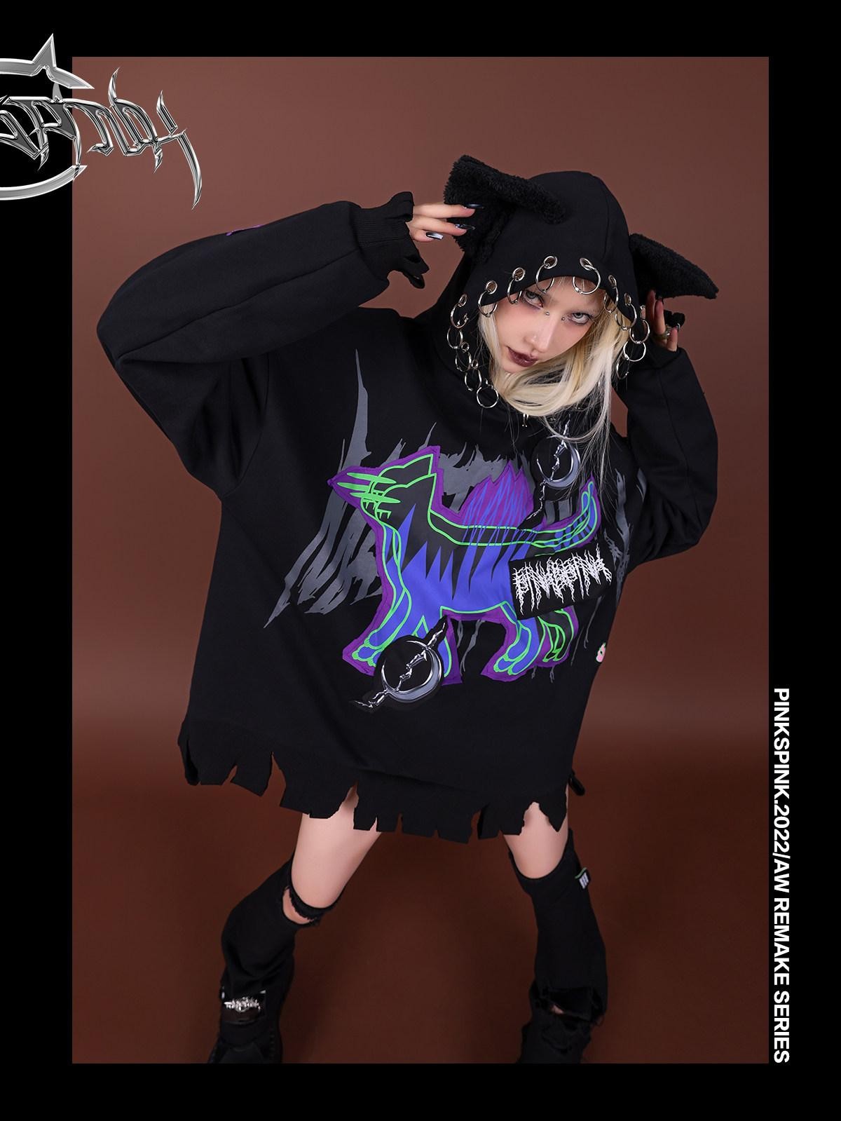 PINKSPINK Horror Cat Patch Embroidered Ring Ear Distressed Women's Cotton Hoodies