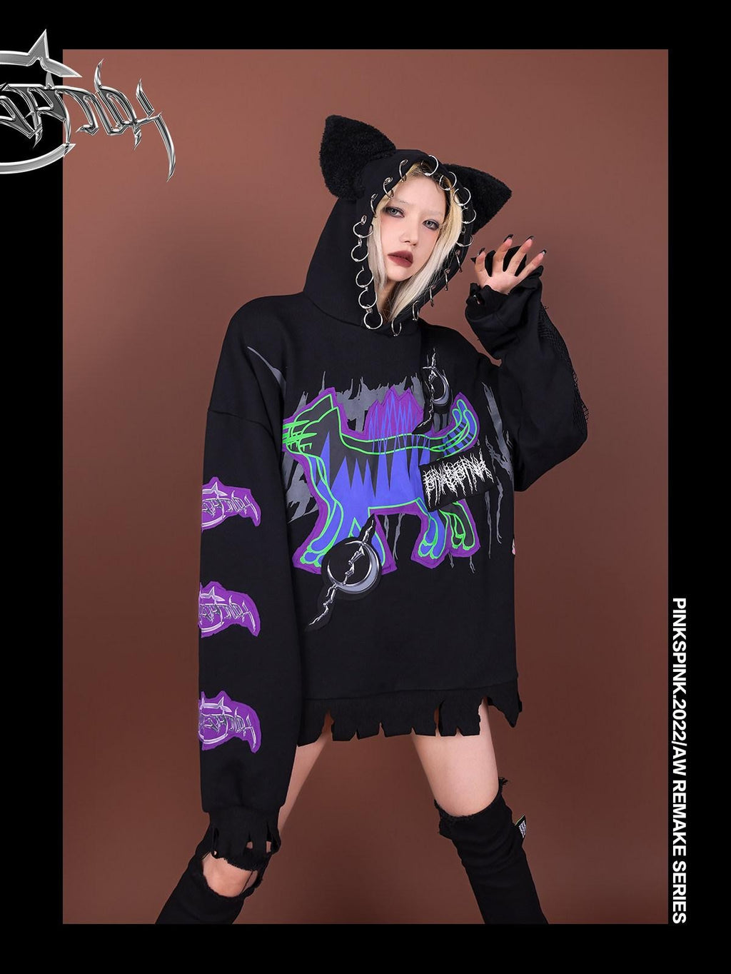 PINKSPINK Horror Cat Patch Embroidered Ring Ear Distressed Women's Cotton Hoodies