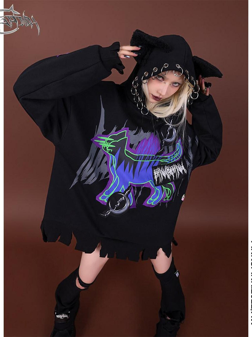 PINKSPINK Horror Cat Patch Embroidered Ring Ear Distressed Women's Cotton Hoodies
