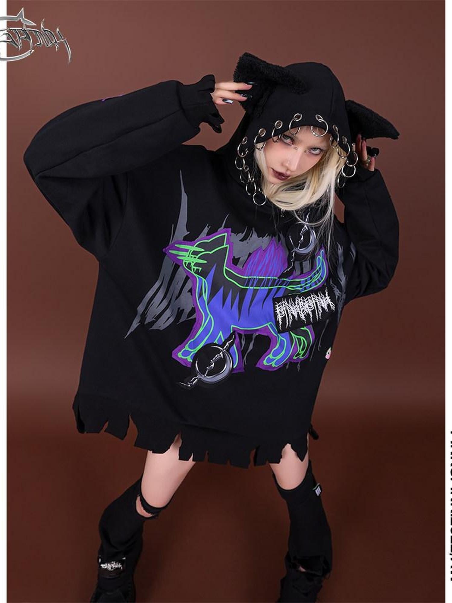 PINKSPINK Horror Cat Patch Embroidered Ring Ear Distressed Women's Cotton Hoodies