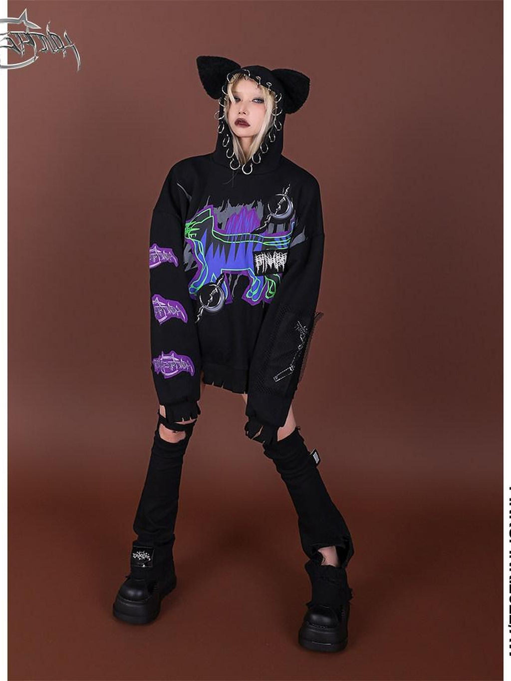 PINKSPINK Horror Cat Patch Embroidered Ring Ear Distressed Women's Cotton Hoodies