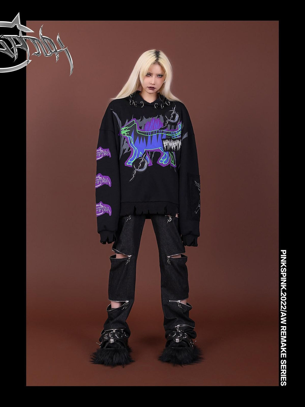 PINKSPINK Horror Cat Patch Embroidered Ring Ear Distressed Women's Cotton Hoodies