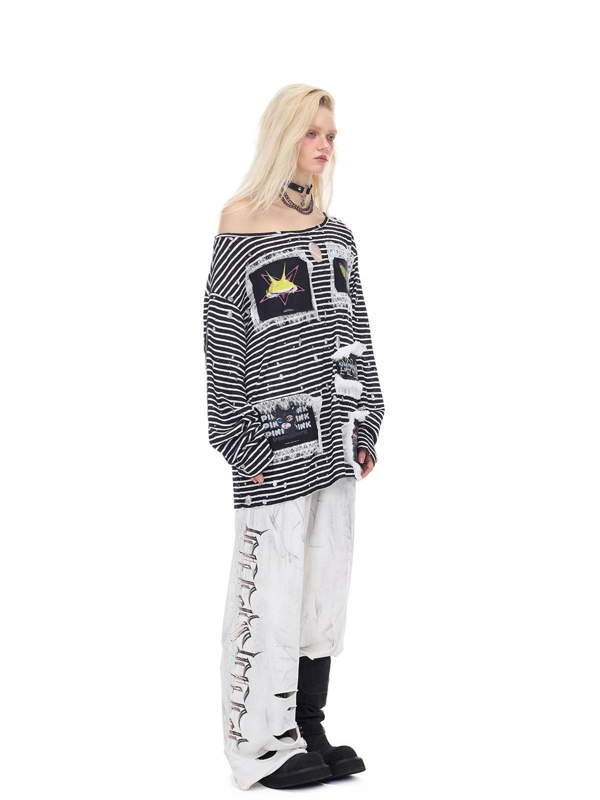 PINKSPINK Irregular Ripped Embroidered Women's Cotton High Waist Punk Sweatpants