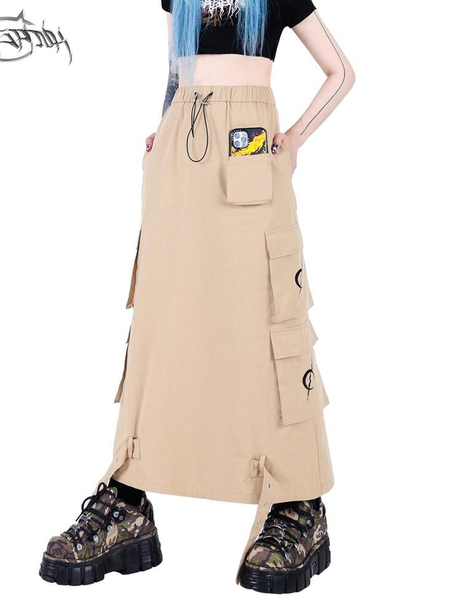 PINKSPINK Khaki Multi Pocket Utility Cargo Structured Number Print Women's A-line Skirts
