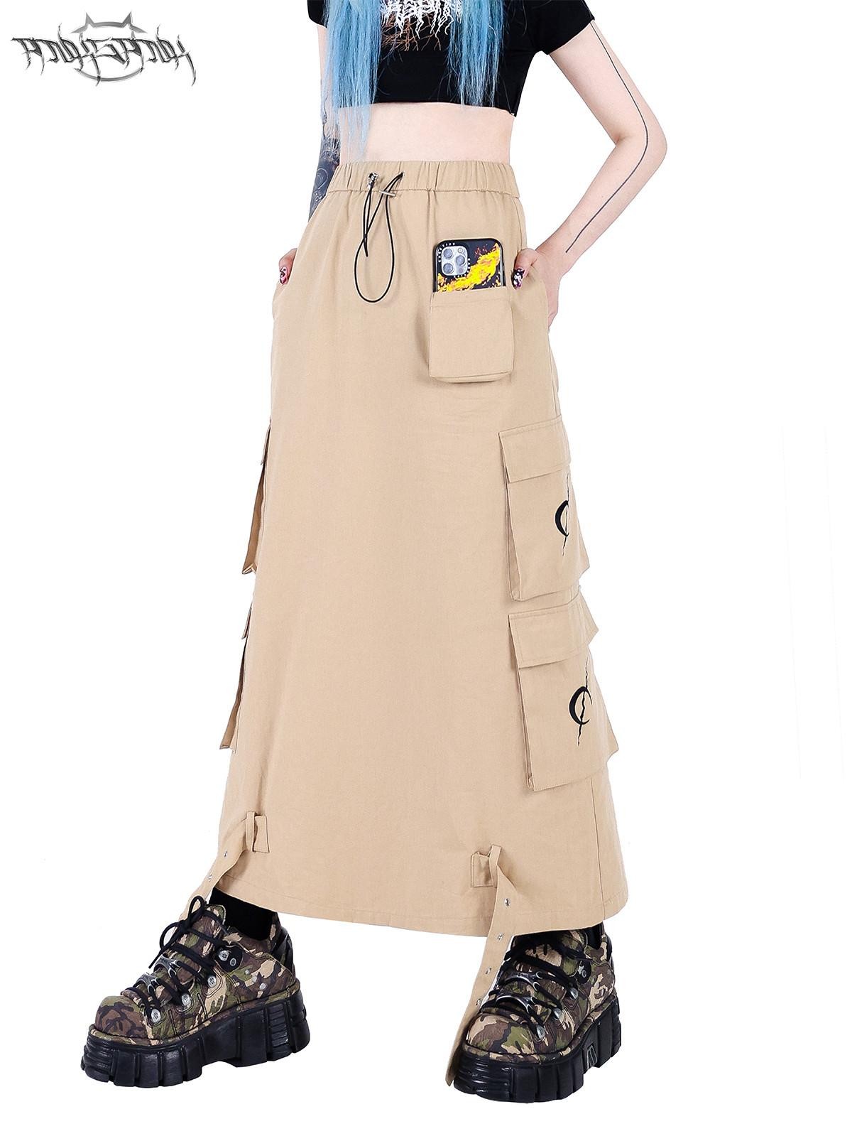 PINKSPINK Khaki Multi Pocket Utility Cargo Structured Number Print Women's A-line Skirts