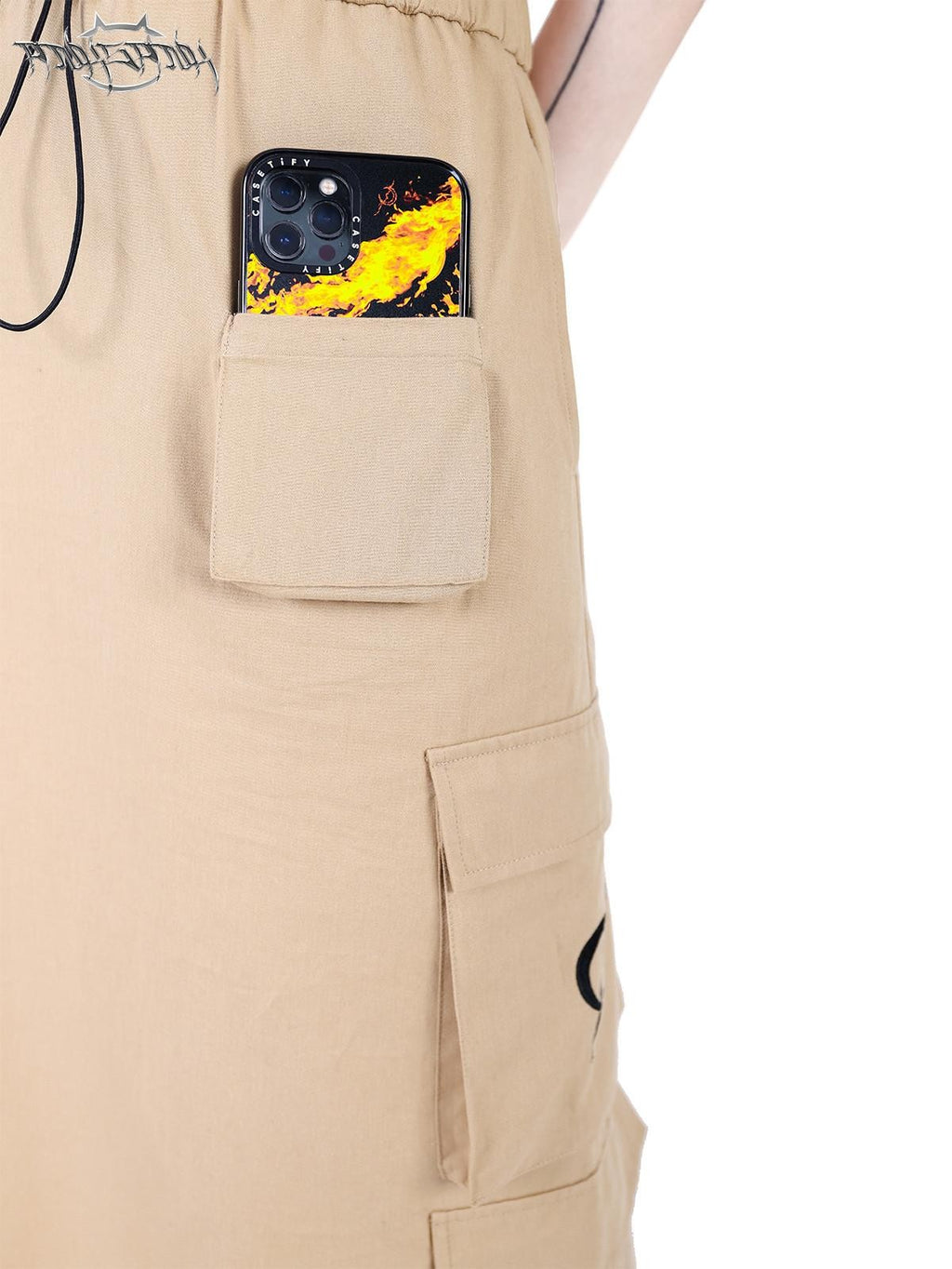 PINKSPINK Khaki Multi Pocket Utility Cargo Structured Number Print Women's A-line Skirts