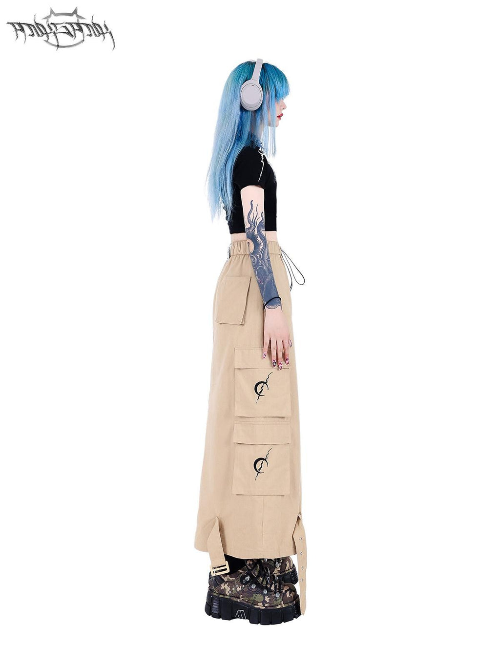 PINKSPINK Khaki Multi Pocket Utility Cargo Structured Number Print Women's A-line Skirts
