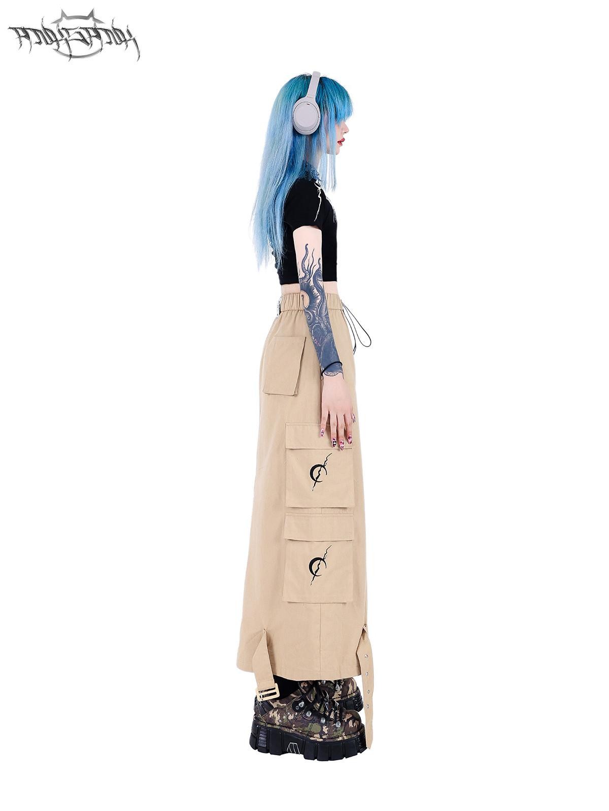 PINKSPINK Khaki Multi Pocket Utility Cargo Structured Number Print Women's A-line Skirts