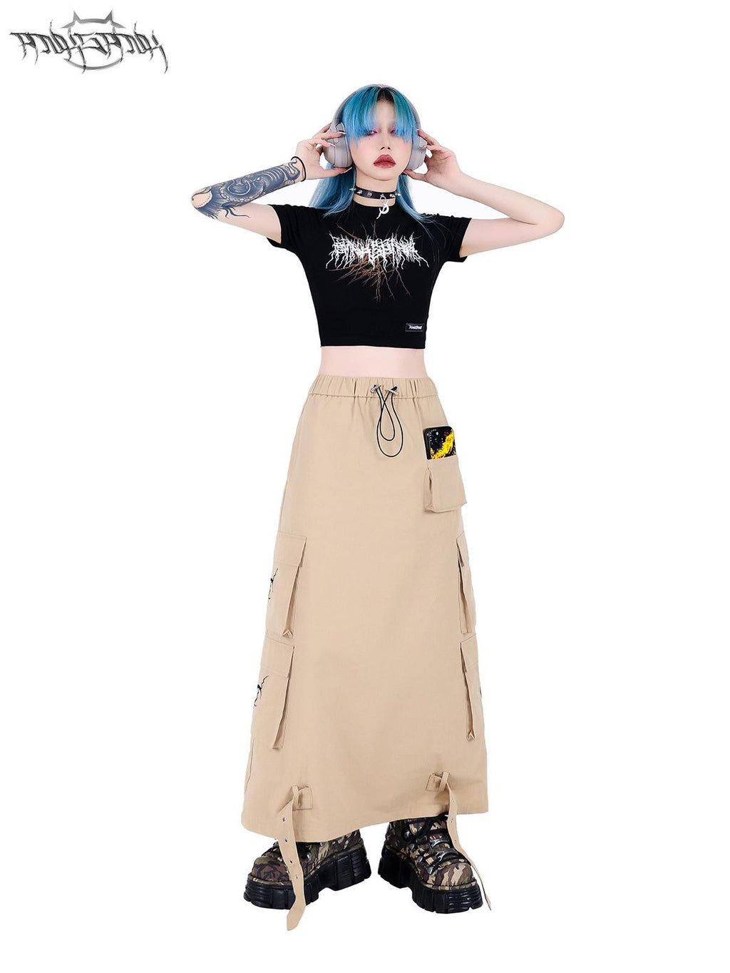 PINKSPINK Khaki Multi Pocket Utility Cargo Structured Number Print Women's A-line Skirts