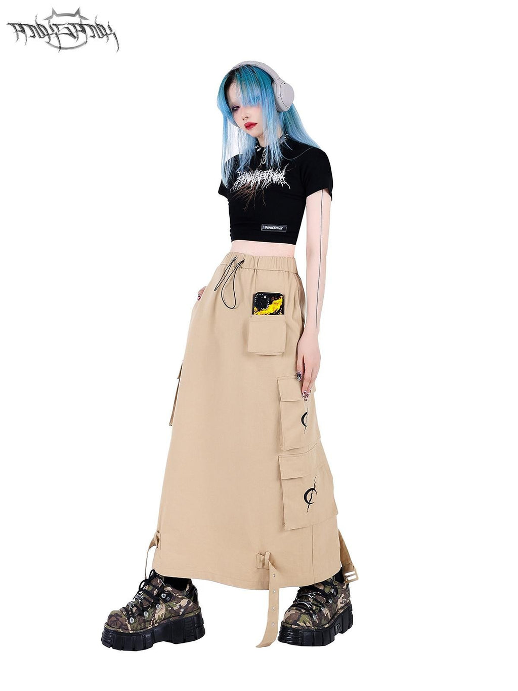 PINKSPINK Khaki Multi Pocket Utility Cargo Structured Number Print Women's A-line Skirts