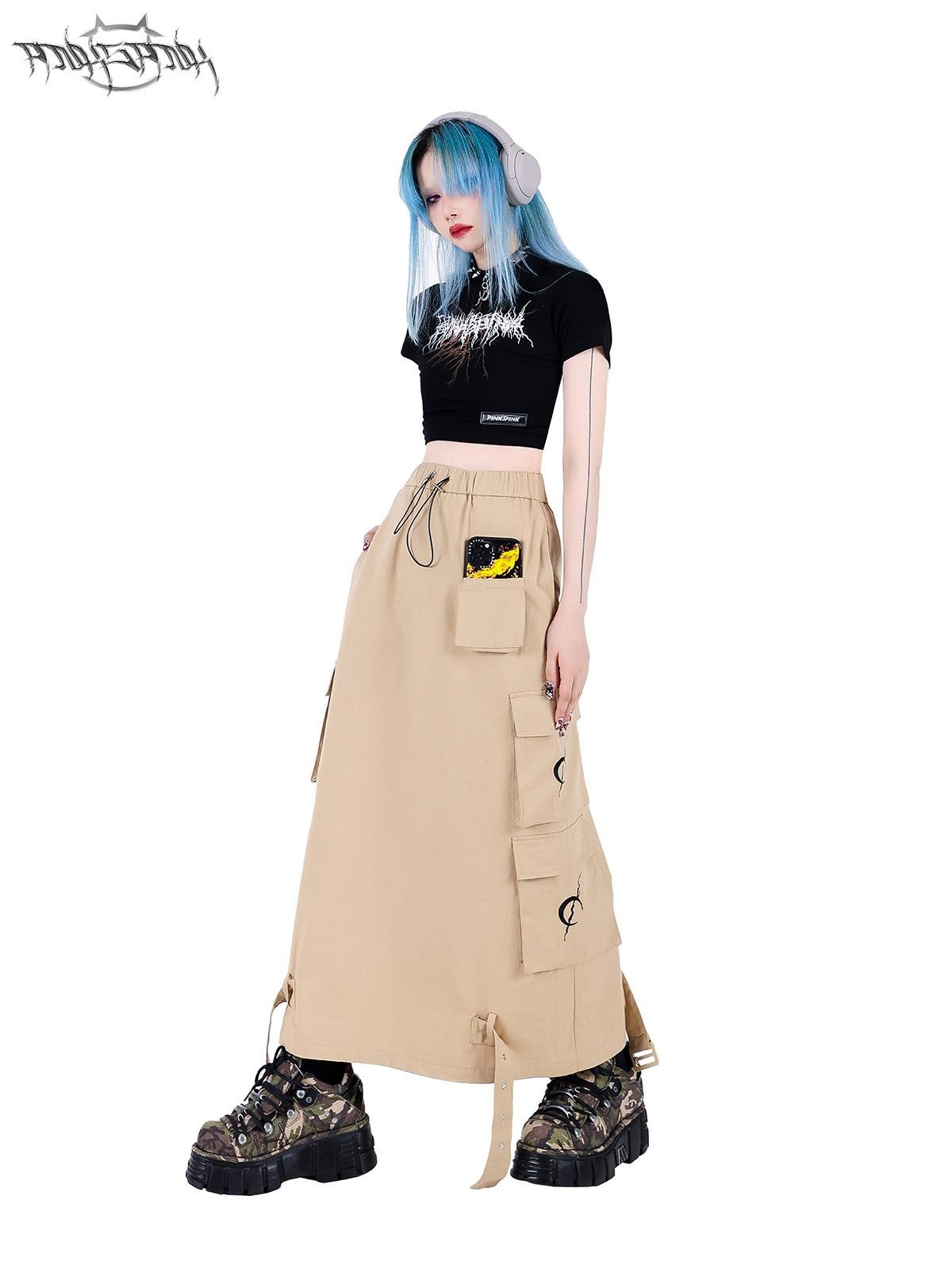 PINKSPINK Khaki Multi Pocket Utility Cargo Structured Number Print Women's A-line Skirts