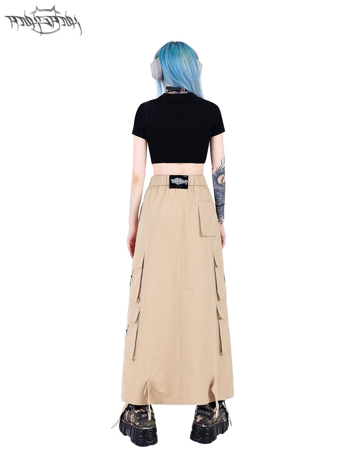 PINKSPINK Khaki Multi Pocket Utility Cargo Structured Number Print Women's A-line Skirts
