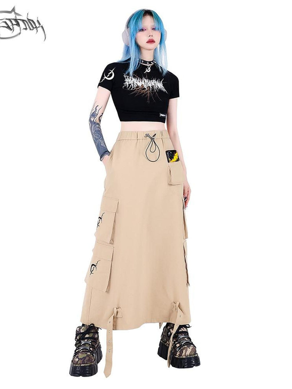 PINKSPINK Khaki Multi Pocket Utility Cargo Structured Number Print Women's A-line Skirts