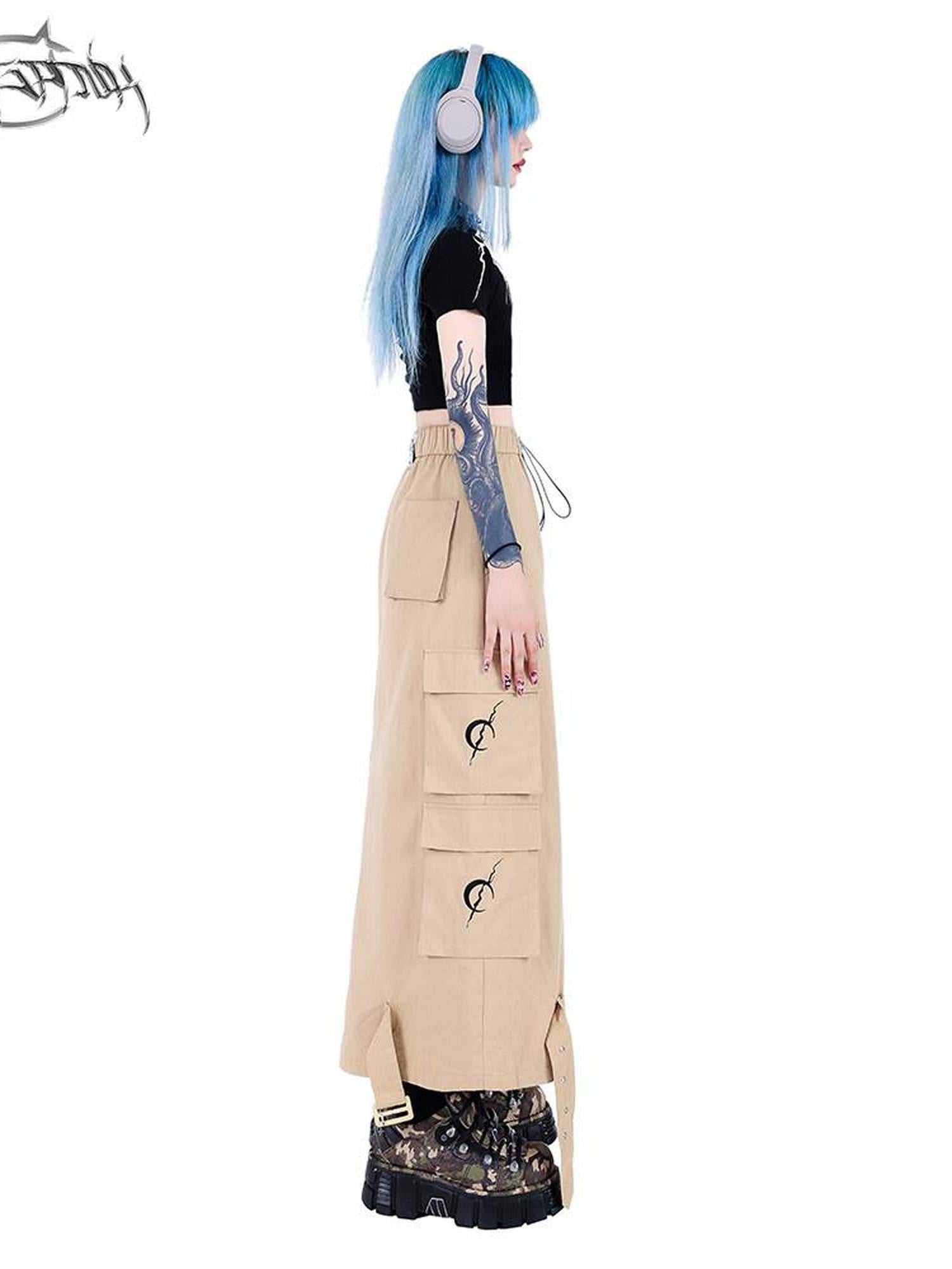 PINKSPINK Khaki Multi Pocket Utility Cargo Structured Number Print Women's A-line Skirts