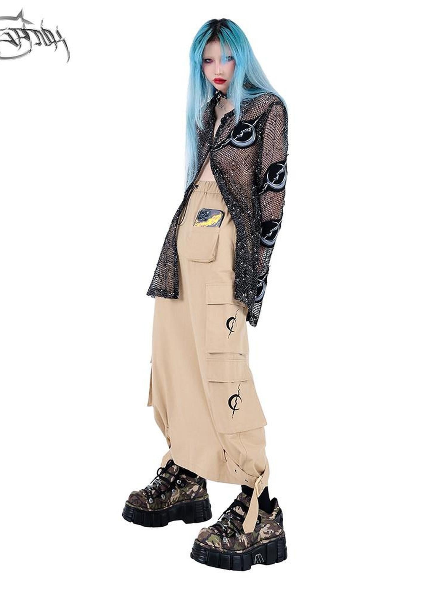 PINKSPINK Khaki Multi Pocket Utility Cargo Structured Number Print Women's A-line Skirts