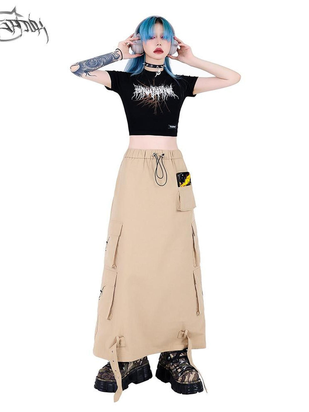 PINKSPINK Khaki Multi Pocket Utility Cargo Structured Number Print Women's A-line Skirts